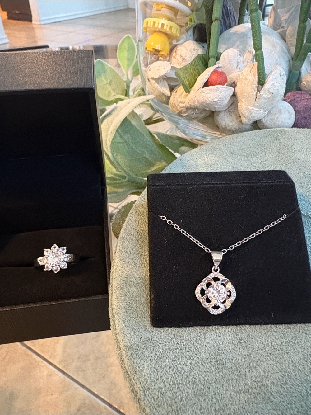 Silver Floral CZ Ring and Pendant Necklace Set - White